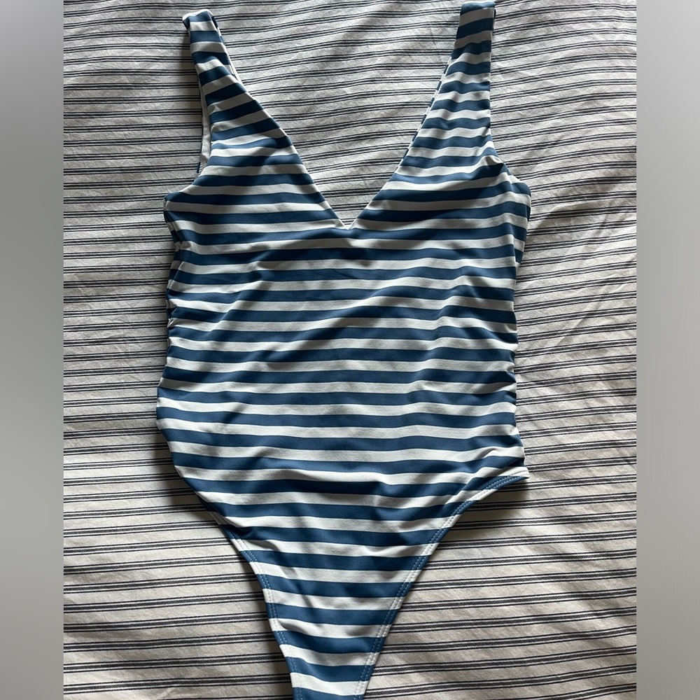 Free People Blue and White Striped Bodysuit